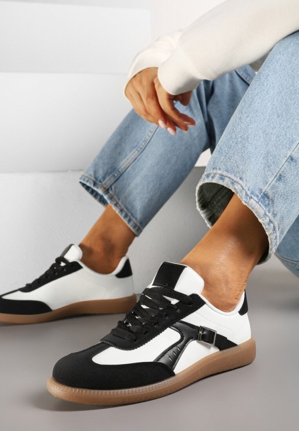 Czarno-Białe Sneakersy Klasyczne Tenisówki Zdobione Klamerką Senaniela