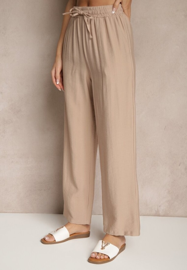 Ciemnobeżowy Wiskozowy Komplet Oversize Zdobiony Haftem Koszula i Spodnie Sadrianae