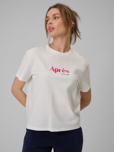 4F T-shirt boxy z nadrukiem damski - beżowy S