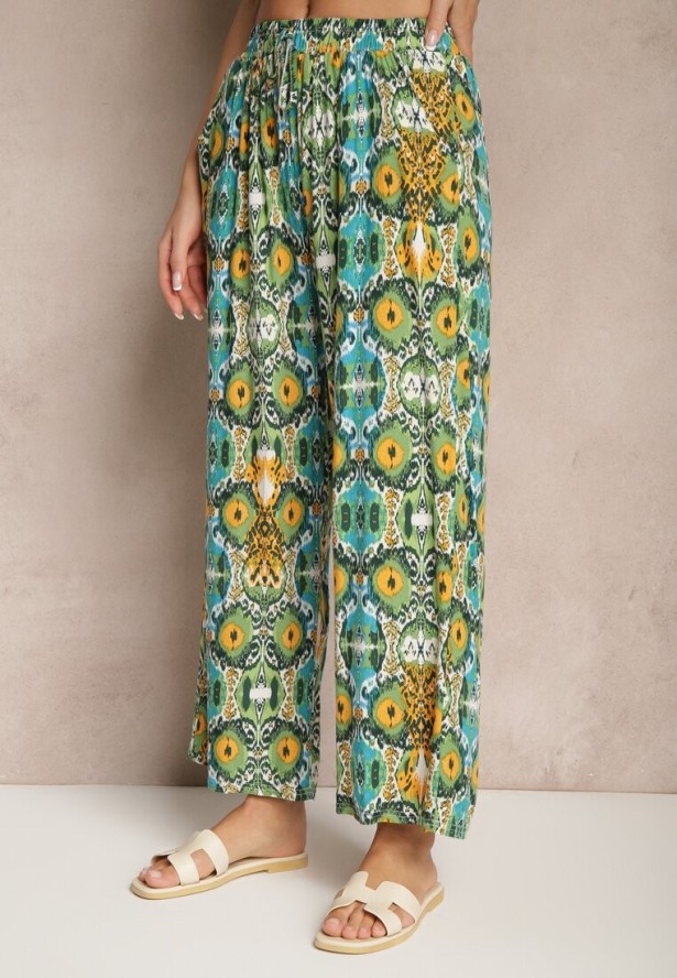Zielone Bawełniane Spodnie High Waist Szerokie we Wzór Boho Tolioria