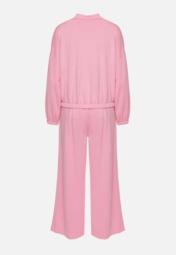 Różowy Komplet Dresowy z Wiskozą Szerokie Spodnie i Bluza ze Stójką i Broszką Redasena