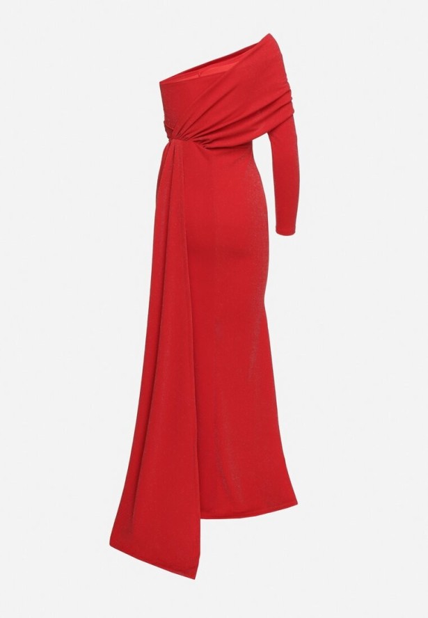 Czerwona Asymetryczna Sukienka Koktajlowa Ozdobiona Metaliczną Nicią i Trenem Emarielin