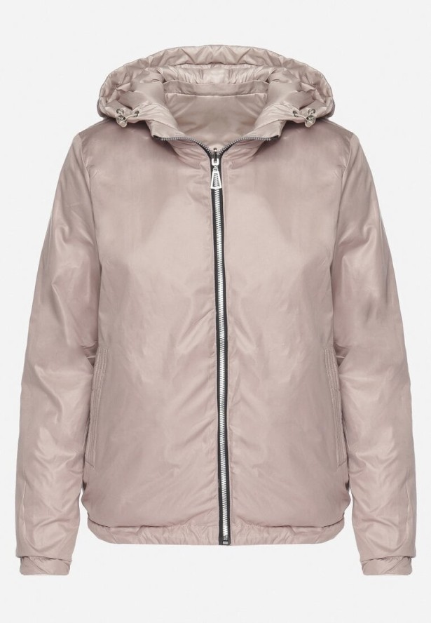 Beżowa Pikowana Kurtka o Dwustronnym Kroju z Odpinanym Kapturem Zeorina