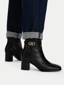 Tommy Hilfiger Botki Th Strap Leather Block Heel Boot FW0FW09488 Czarny