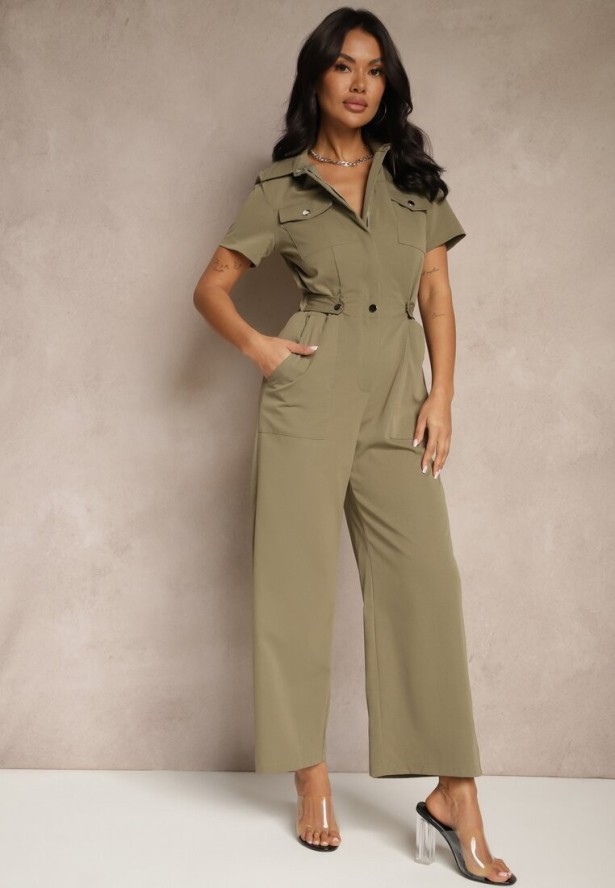 Ciemnozielony Kombinezon Wide Leg z Kołnierzykiem Suwakiem i Krótkim Rękawem Jenaralitia