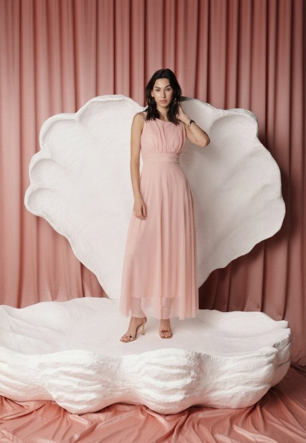 Różowa Koktajlowa Sukienka z Tiulowym Dołem Bez Rękawów Elastar