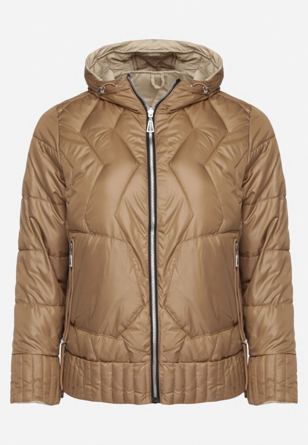 Ciemnobeżowa Kurtka Dwustronna z Kapturem i Ozdobnym Pikowaniem Helritis