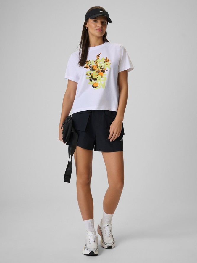 4F T-shirt boxy z nadrukiem damski - biały L