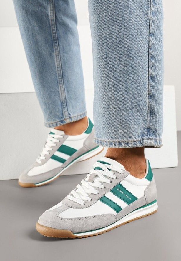 Biało-Szare Sneakersy Klasyczne Tenisówki ze Skórzaną Wkładką i Zamszem Naturalnym Tilritia