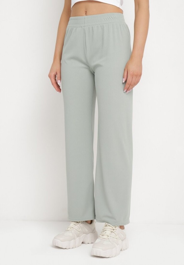 Zielone Prążkowane Spodnie Szerokie z Gumką w Pasie Drasia