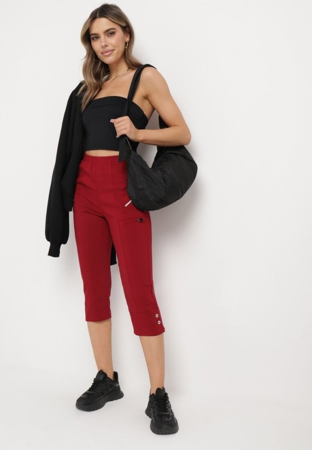 Bordowe Spodnie 3/4 z Elastyczną Gumką w Pasie i Suwakami Leazira