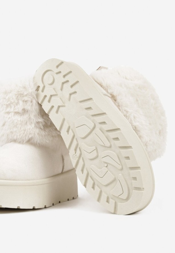 Beżowe Śniegowce z Cholewką za Kostkę Ocieplane z Futerkiem i Małą Kokardą Reinedia