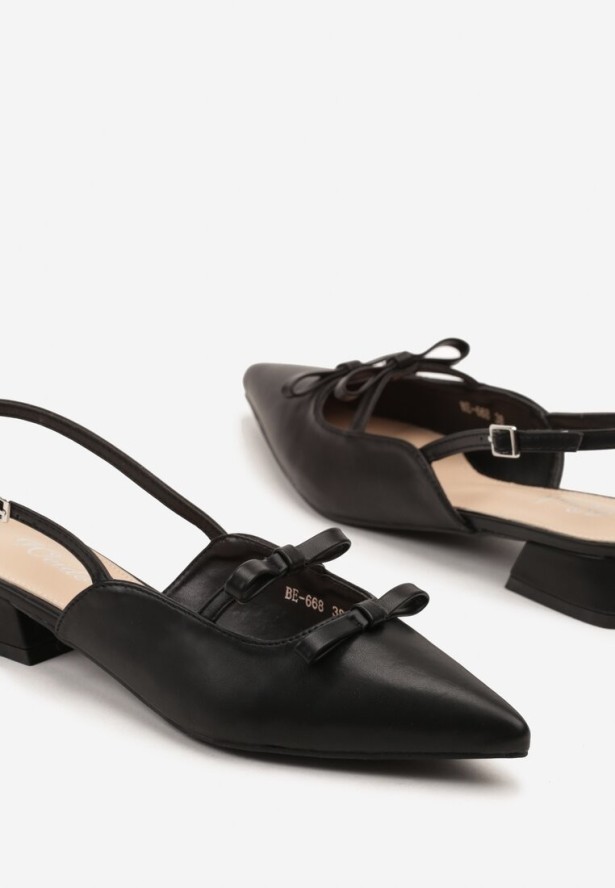 Czarne Sandały Slingback na Niskim Obcasie Zdobione Kokardkami Remelle