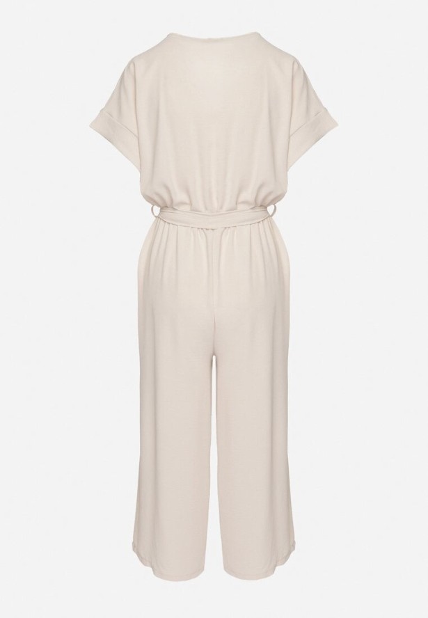 Beżowy Kombinezon o Kopertowym Kroju z Wiązanym Paskiem Tenirea