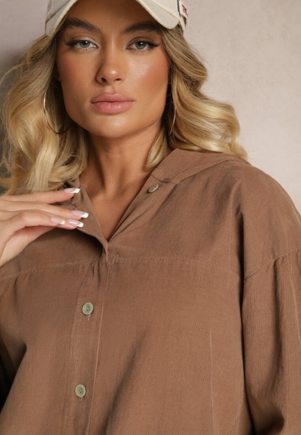 Jasnobrązowa Koszula z Bawełny o Luźnym Kroju z Kapturem i Ściągaczem Felanira