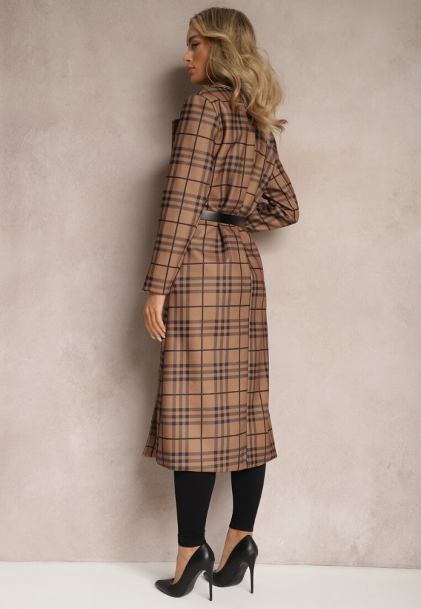 Jasnobrązowy Płaszcz Długi w Geometryczny Wzór z Paskiem Charlo