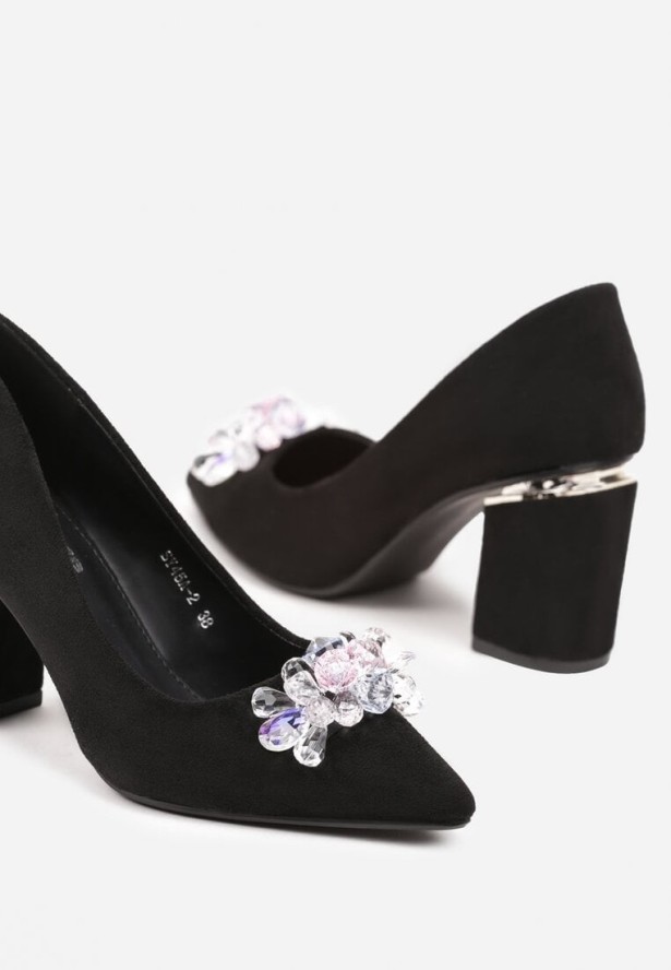 Czarno-Srebrne Czółenka Ozdobione Kryształkami na Słupku ze Szpiczastym Noskiem Isanile