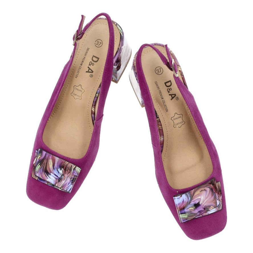 Czółenka damskie S.Barski, cholewka ze skóry naturalnej z odkrytą piętą na efektownym obcasie z artystycznym printem oraz dekoracyjną kokardą, różowe