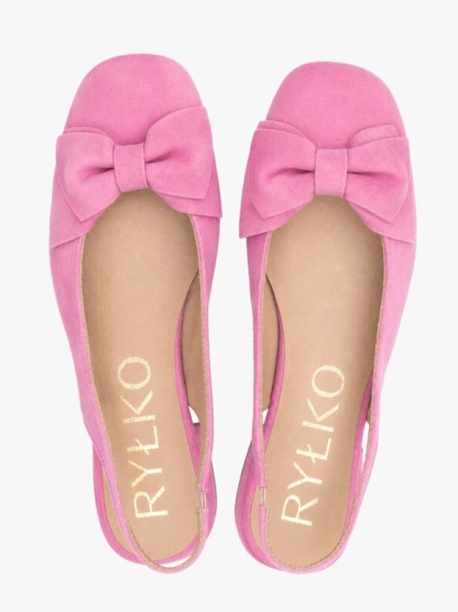 Różowe czółenka slingback bez pięty z kokardką
