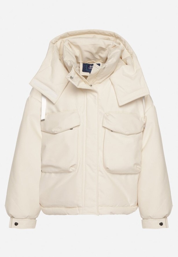 Beżowa Oversizowa Kurtka Bomberka z Kapturem i Ozdobnymi Kieszeniami Nalana