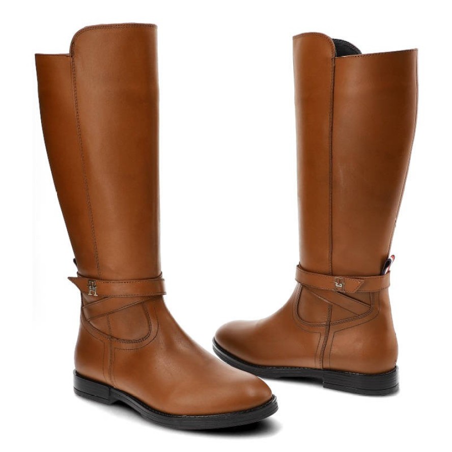 Brązowe Kozaki Damskie Tommy Hilfiger Eleganckie Skórzane Buty