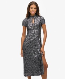 superdry Sukienka midi Mandarin z cekinami Gunmetal Deco Sequin