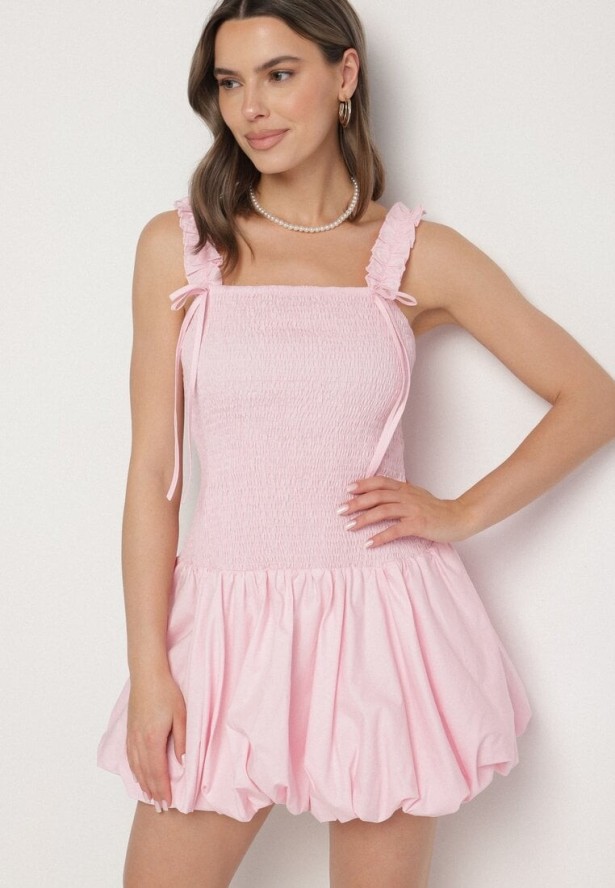 Różowa Bawełniana Sukienka Bombka na Ramiączkach z Elastyczną Górą Linarisena