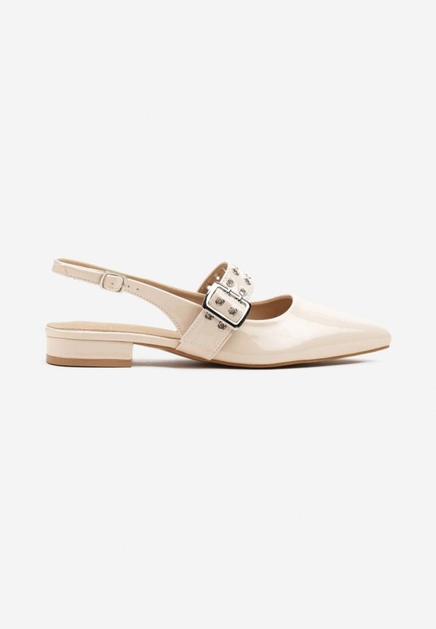 Beżowe Sandały z Odkrytą Piętą i Noskiem w Szpic Zdobione Paskiem z Klamrą Pollione