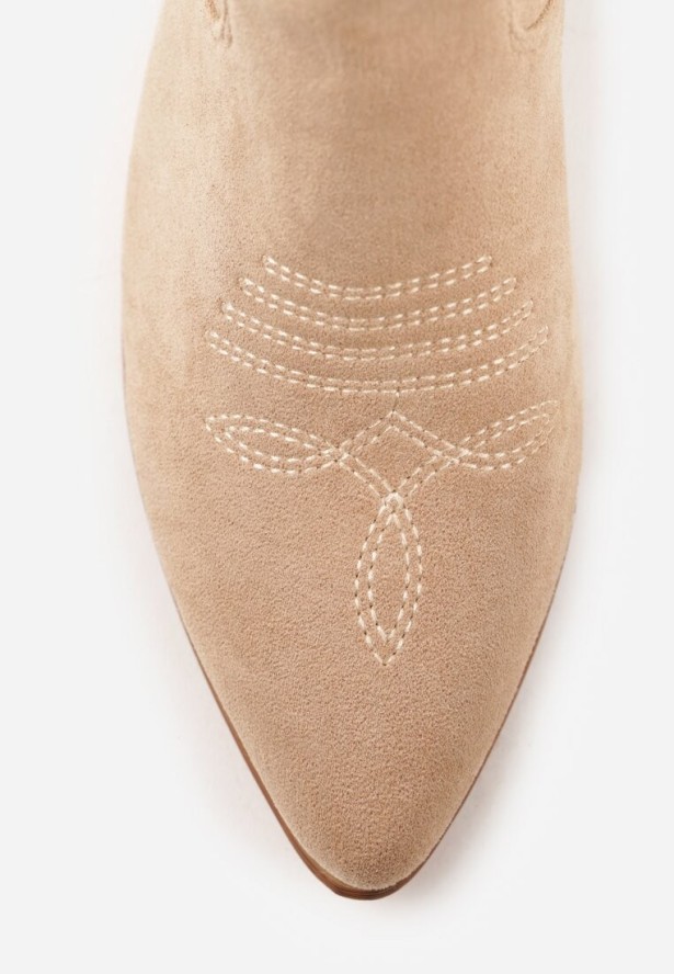 Beżowe Botki Vices na Słupku Kowbojki z Ażurową Cholewką Rivori