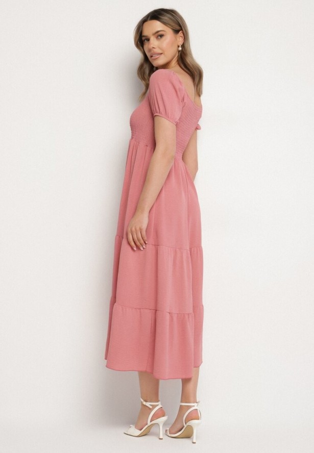 Ciemnoróżowa Rozkloszowana Sukienka z Dekoltem Typu Hiszpanka z Marszczeniem Lumorice