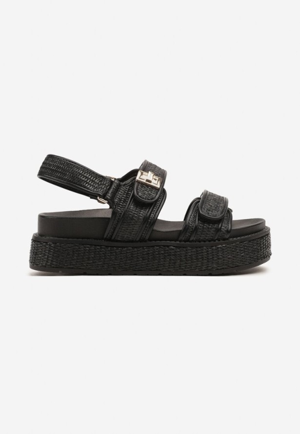 Czarne Sandały na Grubej Podeszwie z Plecionką i Metaliczną Ozdobą Milriz