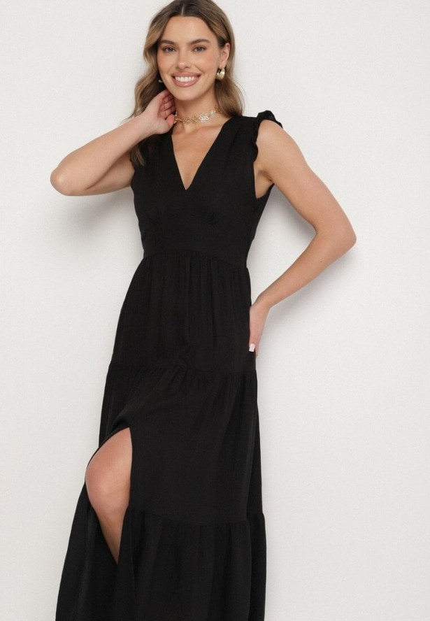 Czarna Wiskozowa Sukienka z Falbankami Sadoline