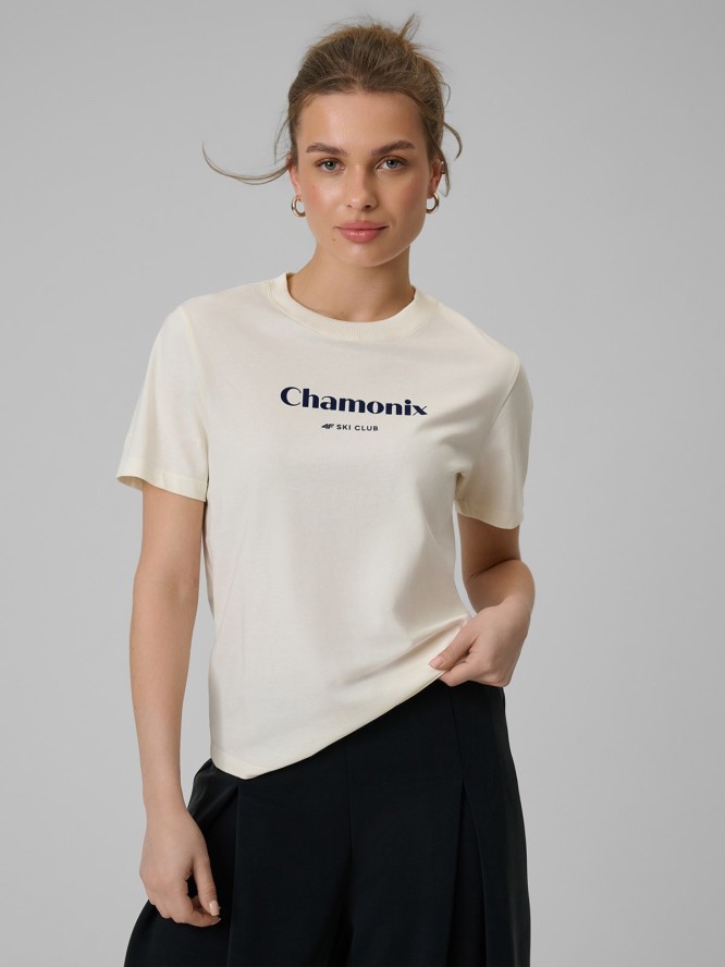 4F T-shirt loose z nadrukiem damski - beżowy XS
