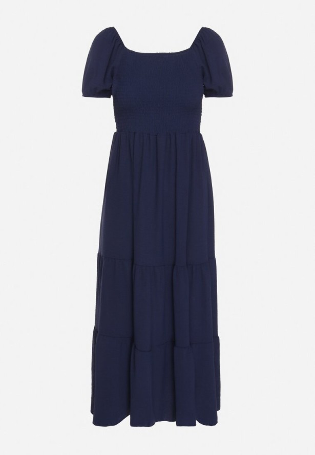 Granatowa Rozkloszowana Sukienka z Dekoltem Typu Hiszpanka z Marszczeniem Lumorice