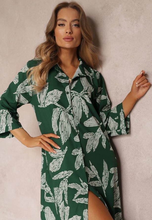 Zielona Sukienka Koszulowa w Kwiaty Siois