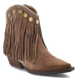 Brązowe Kowbojki Artiker Eleganckie Buty Damskie Z Frędzlami