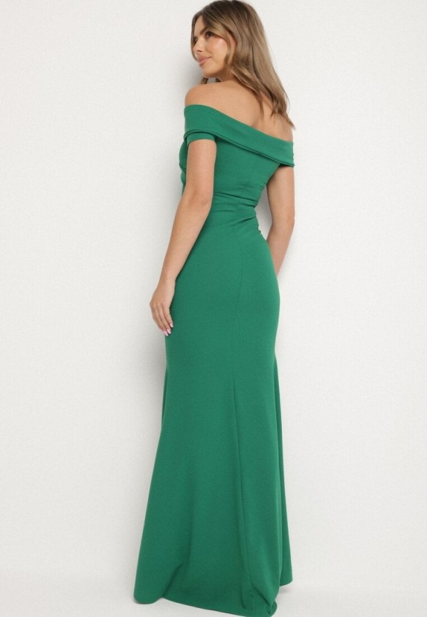 Zielona Koktajlowa Sukienka z Hiszpańskim Dekoltem Erpollia