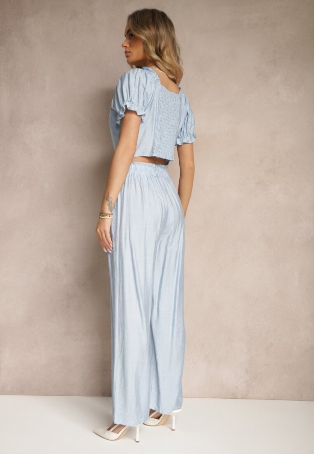 Jasnoniebieski Komplet z Wiskozy Top z Szerokimi Spodniami Soltebia