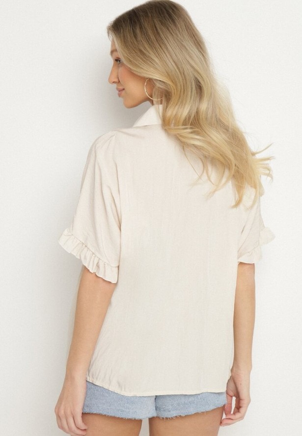 Jasnobeżowa Koszula z Wiskozą i Ozdobnymi Falbankami Emeleldi