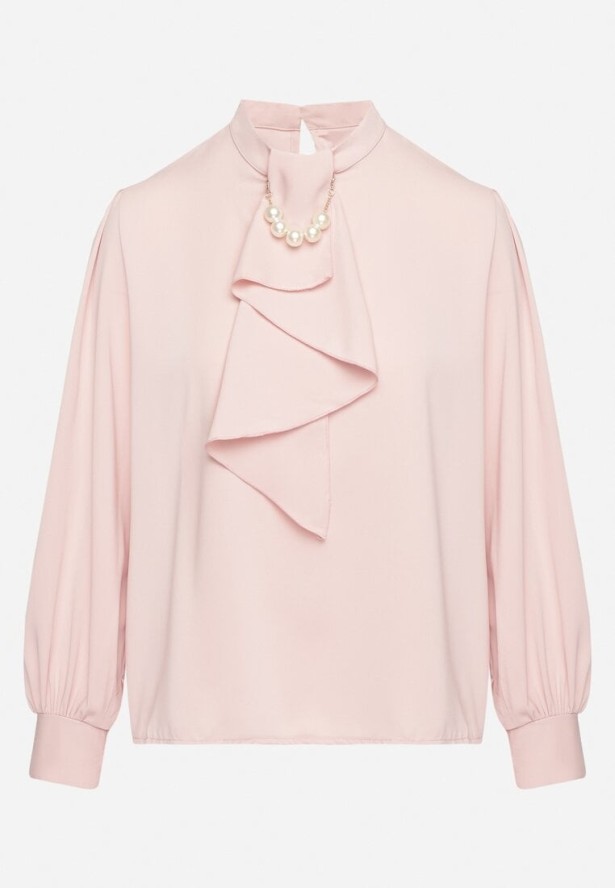 Różowa Bluzka Ozdobiona Falbaną i Perełkami Dorretia