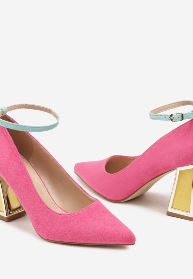 Fuksjowe Czółenka na Obcasie z Metaliczną Wstawką i Paskiem Wokół Kostki Linnolira