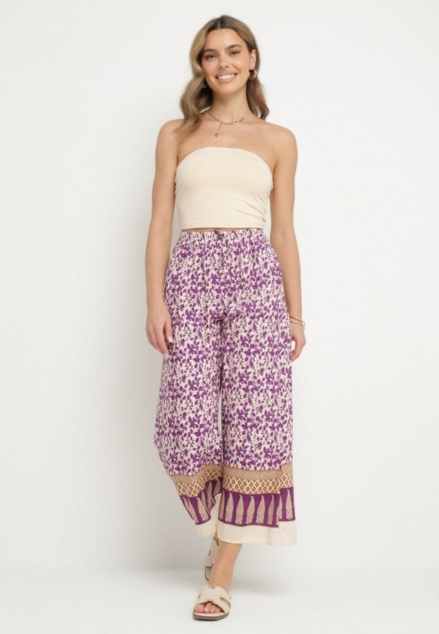 Fioletowe Bawełniane Spodnie z Wysokim Stanem o Długości 7/8 ze Wzorem Boho Lisavinea