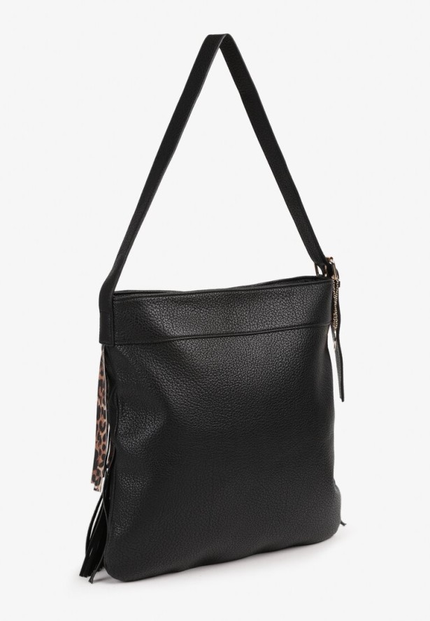 Czarno-Brązowa Torebka Listonoszka z Regulowanym Paskiem Zdobiona Frędzlami w Cętki Ravaniselle