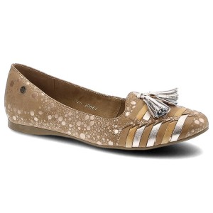 Baleriny damskie Maciejka, ze skórzaną cholewką przeplataną aplikacją na nosku miękką podeszwą i dekoracyjnymi frędzlami, miedziane, 04016-32-00-5