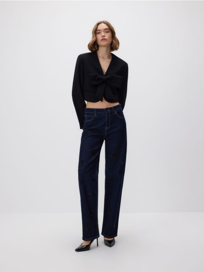 Jeansy straight z aplikacjami - granatowy