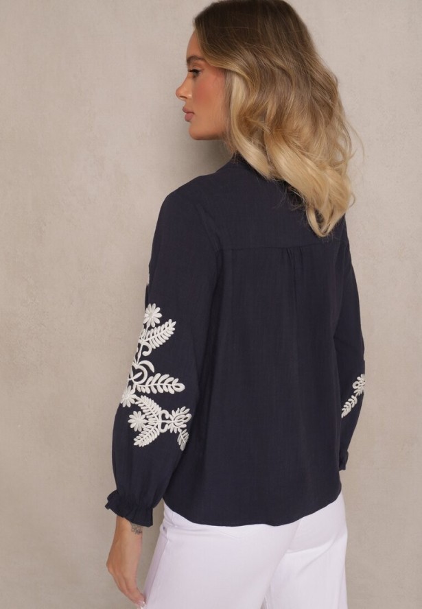 Granatowa Koszula z Wiskozą Bawełną i Haftowanym Wzorem Analessa