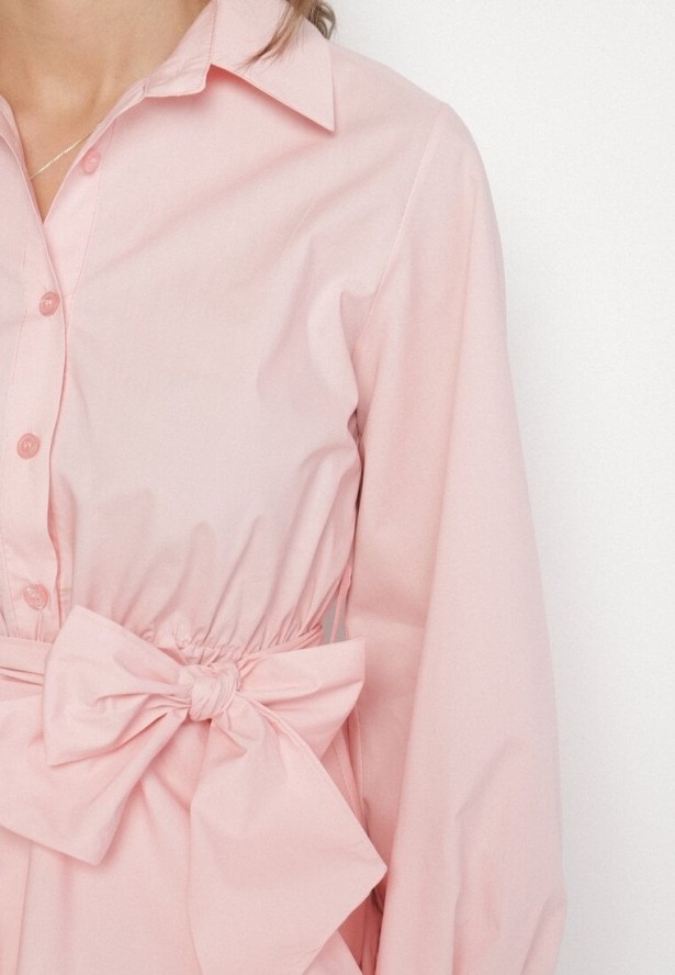 Różowa Koszula z Gumką w Talii z Materiałowym Paskiem Lanothia