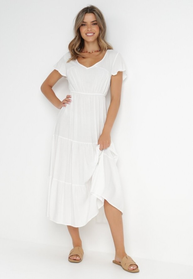 Biała Sukienka z Wiskozy o Rozkloszowanym Kroju Folky