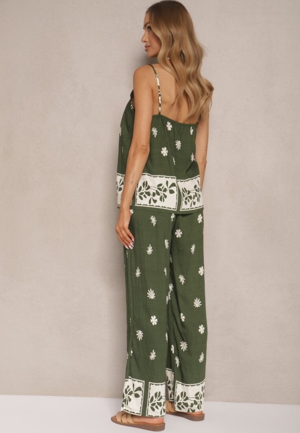 Ciemnozielony Kwiatowy Komplet z Wiskozy Spodnie i Koszulka na Ramiączkach Beldisa