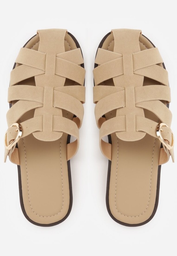 Beżowe Klapki Gladiatorki z Ozdobną Sprzączką Lusanatia